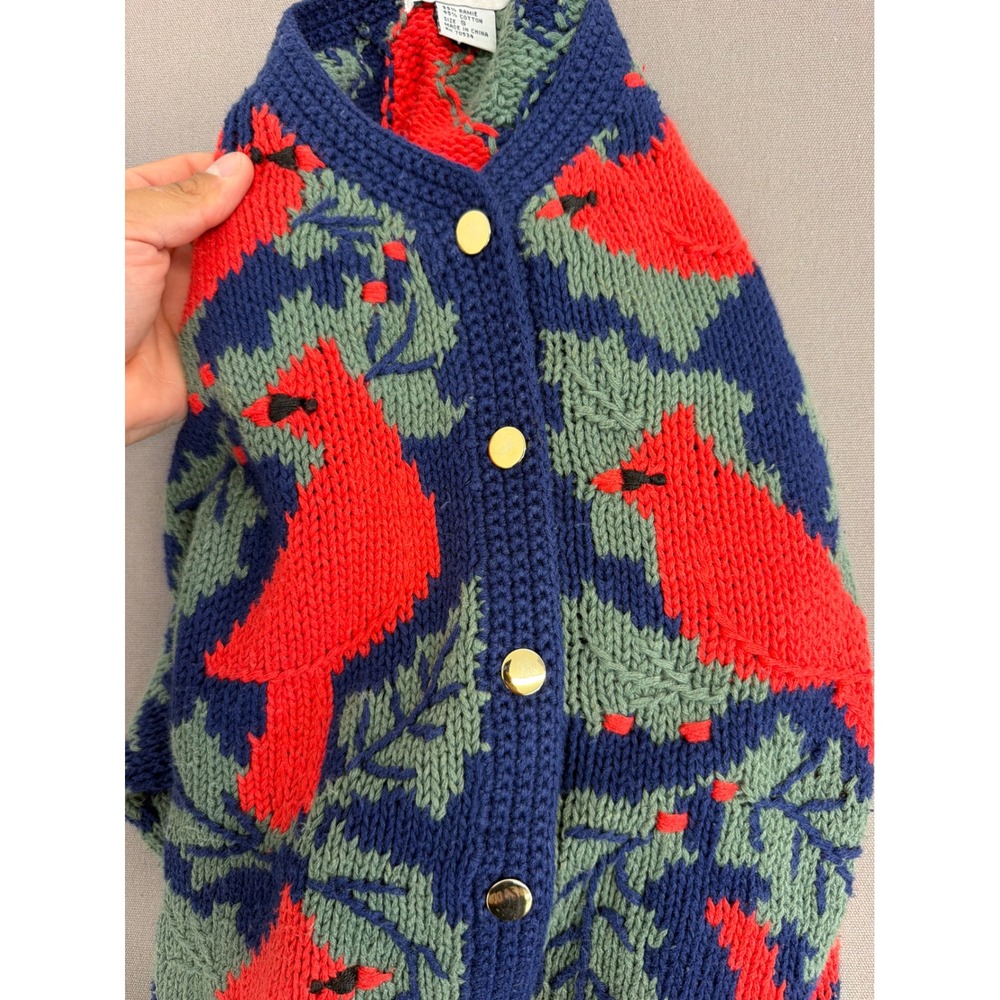 Orvis Vintage Cardinal Bird Holly Knit Cardigan Sweater Navy Blue Red Small - Picture 6 of 7